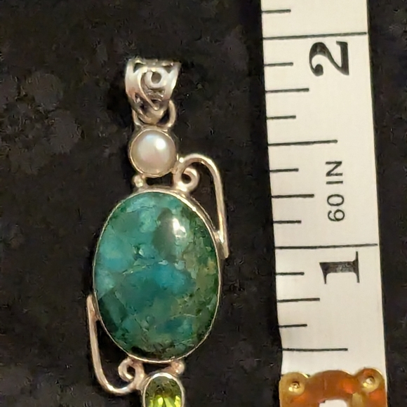 Artisan Handmade Solid Sterling Silver Pearl Genuine Chrysocolla Peridot Pendant - Picture 7 of 11